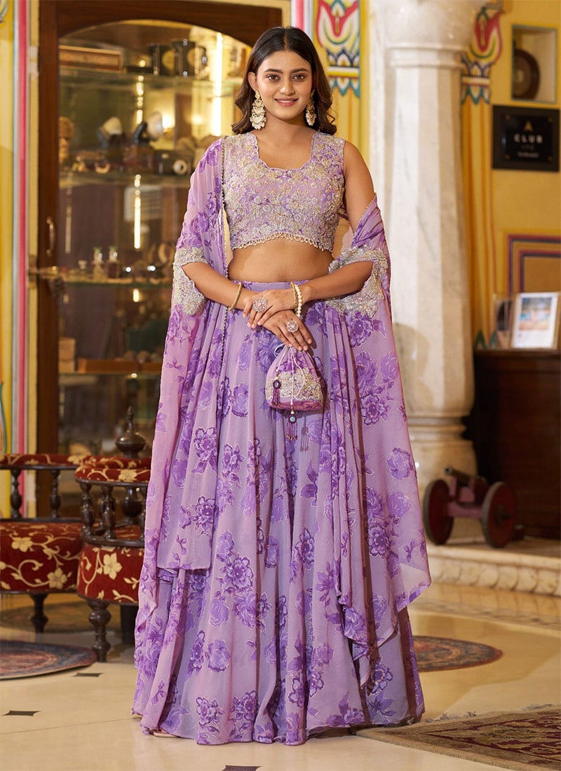 Lavender Georgette Floral Printed Embroidered Sequins IndoWestern Skirt Set With Cape After Six Wear