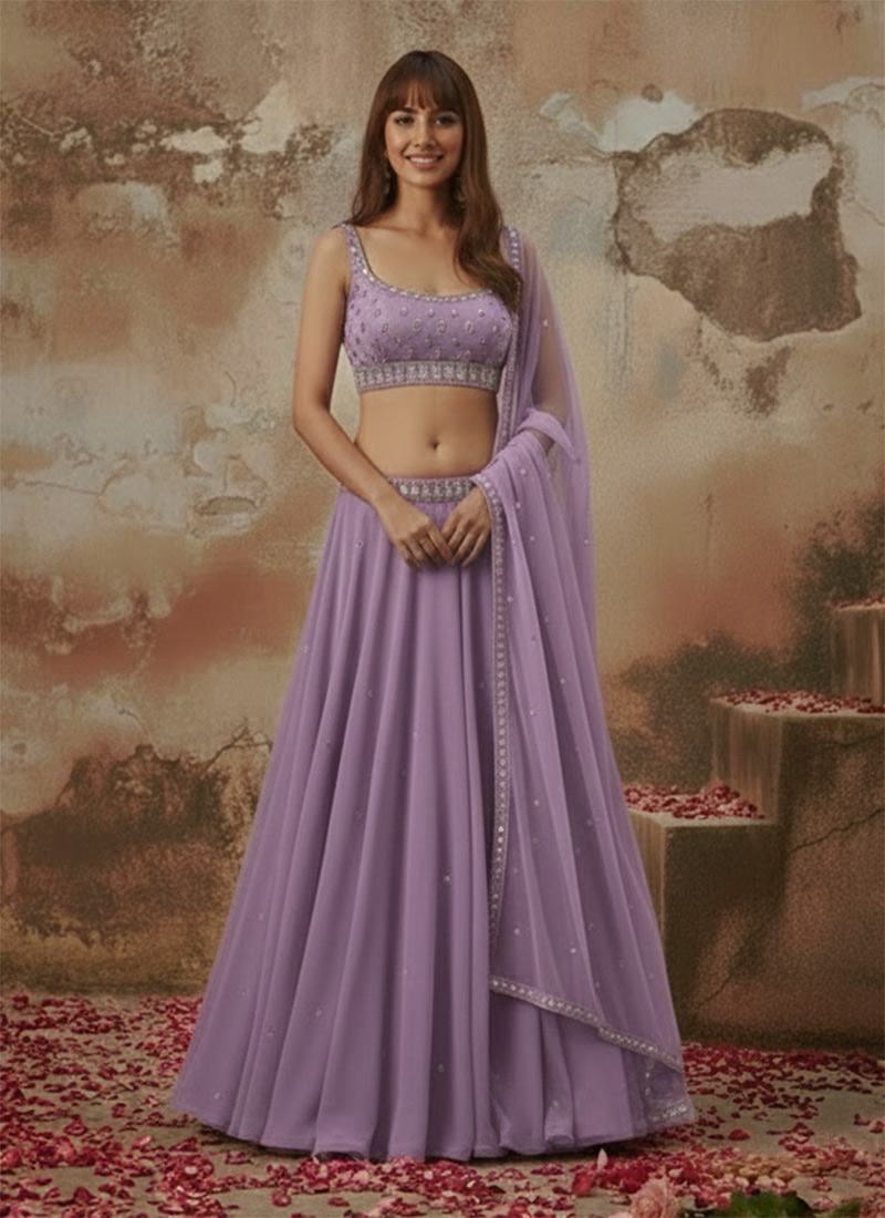 Lavender Georgette Hand Embroidered Sequins Lehenga Wedding Wear