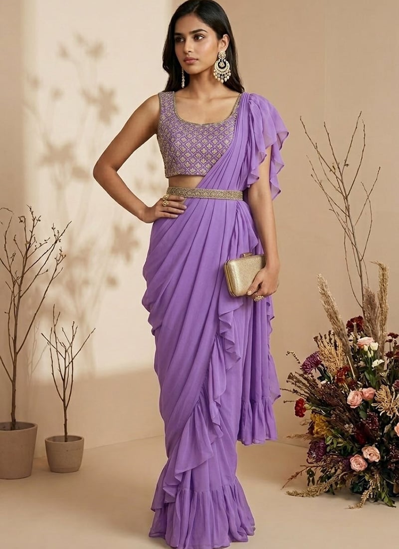 Lavender Georgette Hand Embroidered Sequins Pre Draped Saree Wedding Wear