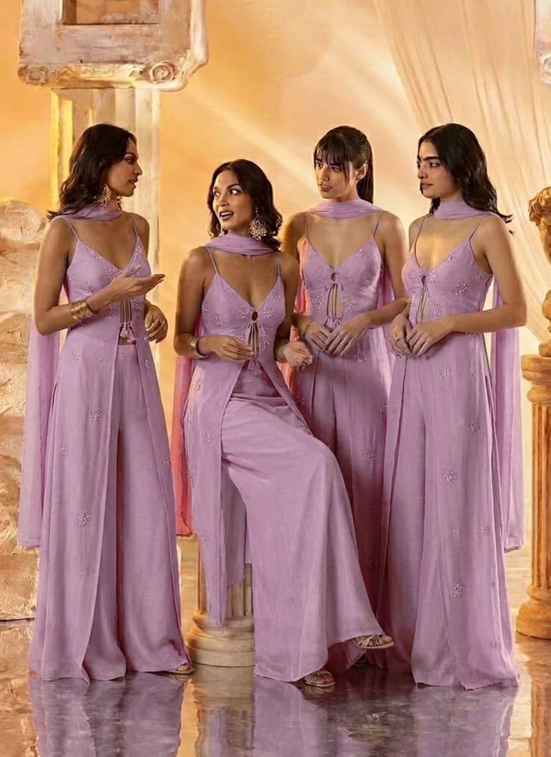 Lavender Georgette Hand Embroidered Sequins With Beads Work Palazzo Suit After Six Wear
