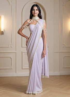 Lavender Georgette Hand Embroidered With Beads Work Saree
