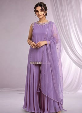 Lavender Georgette Hand Embroidered Zari Sequins Sharara Suit