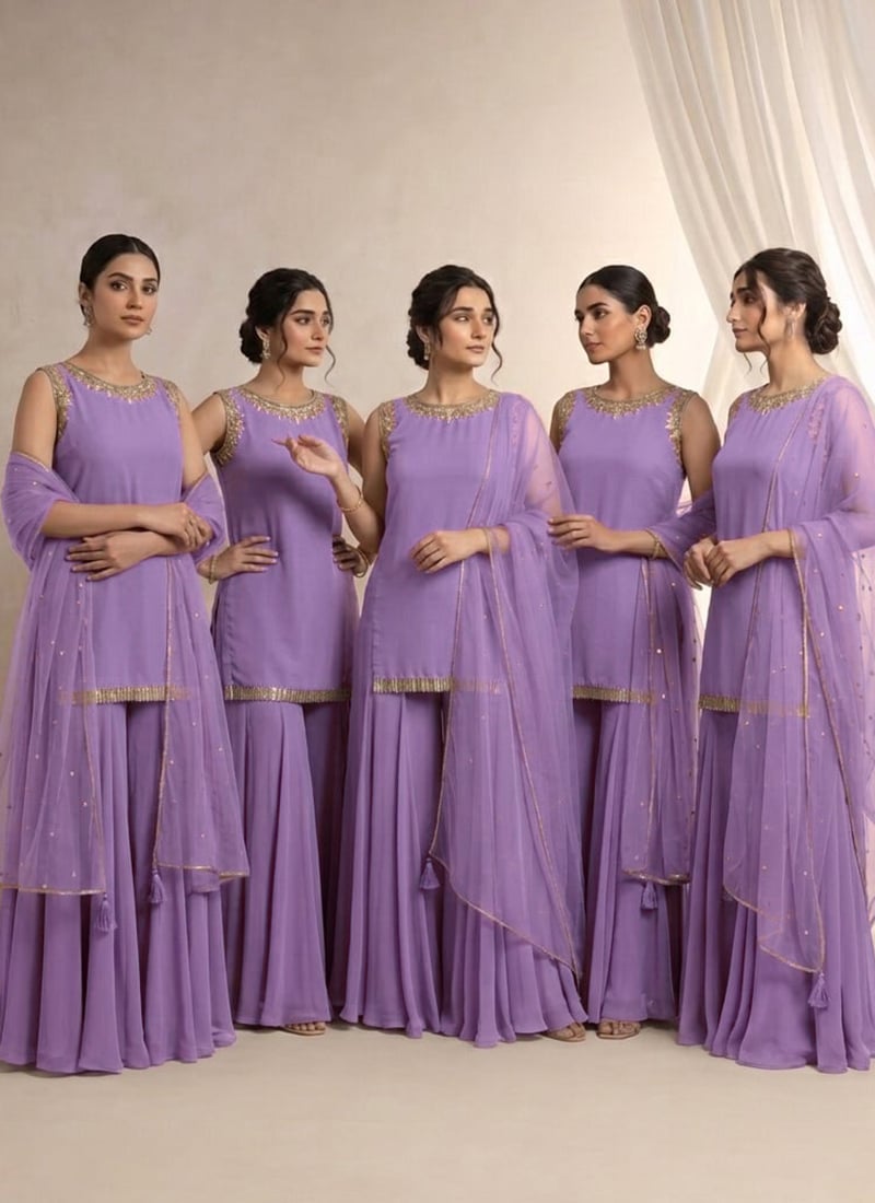 Lavender Georgette Hand Embroidered Zari Sequins Sharara Suit  Festive Wear