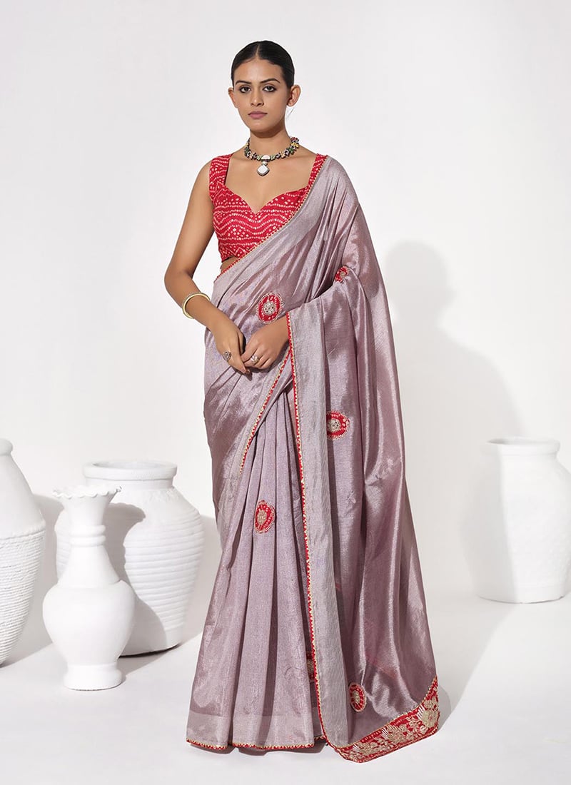 Lavender Georgette Printed And Patch Work Saree  After Six Wear