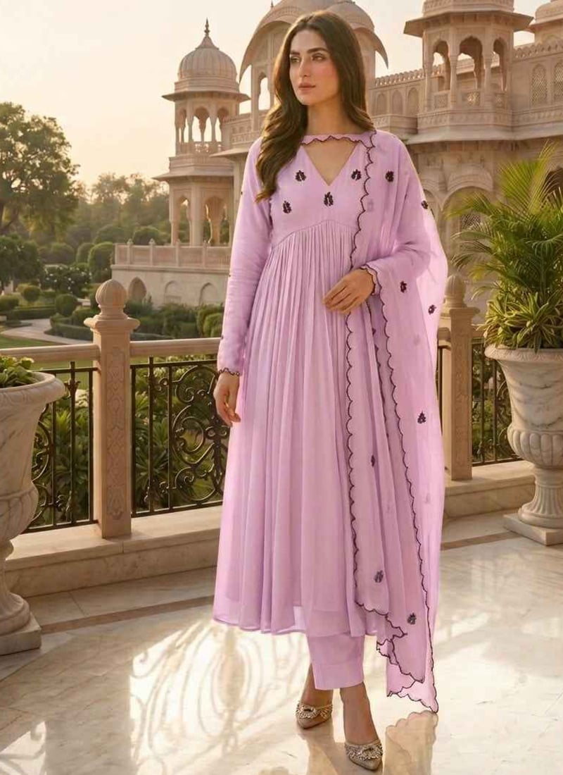 Lavender Georgette Resham Embroidered Anarkali Suit After Six Wear