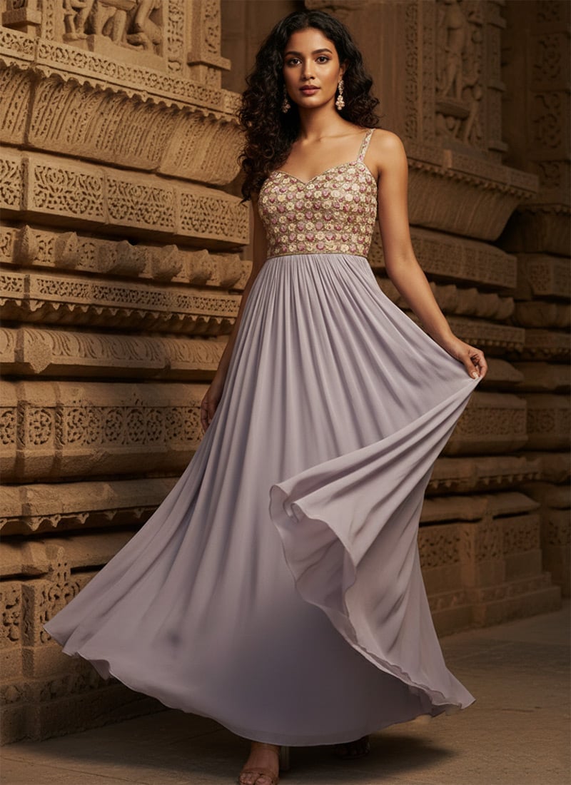 Lavender Georgette Resham Sequins Cutdana Hand Embroidered Anarkali Suit Festive Wear