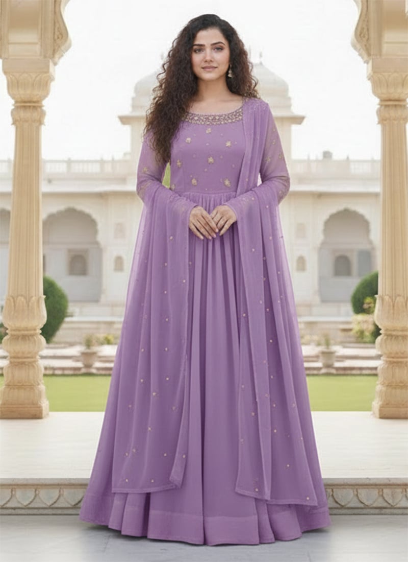 Lavender Georgette Sequins Beads A Line Anarkali Suit Wedding Wear