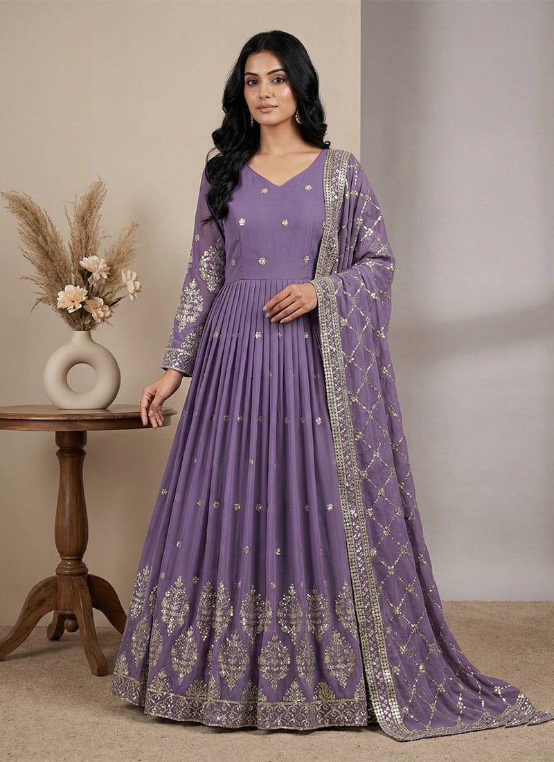 Lavender Georgette Sequins Embroidered Anarkali Suit Festive Wear