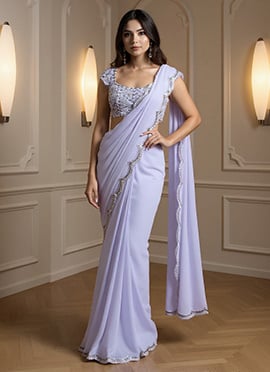 Lavender Georgette Sequins Hand Embroidered Saree
