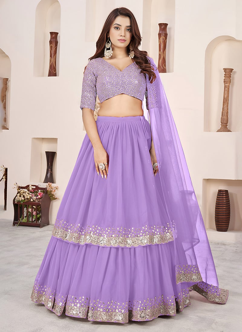 Lavender Georgette Sequins Zari Embroidered Lehenga Wedding Wear