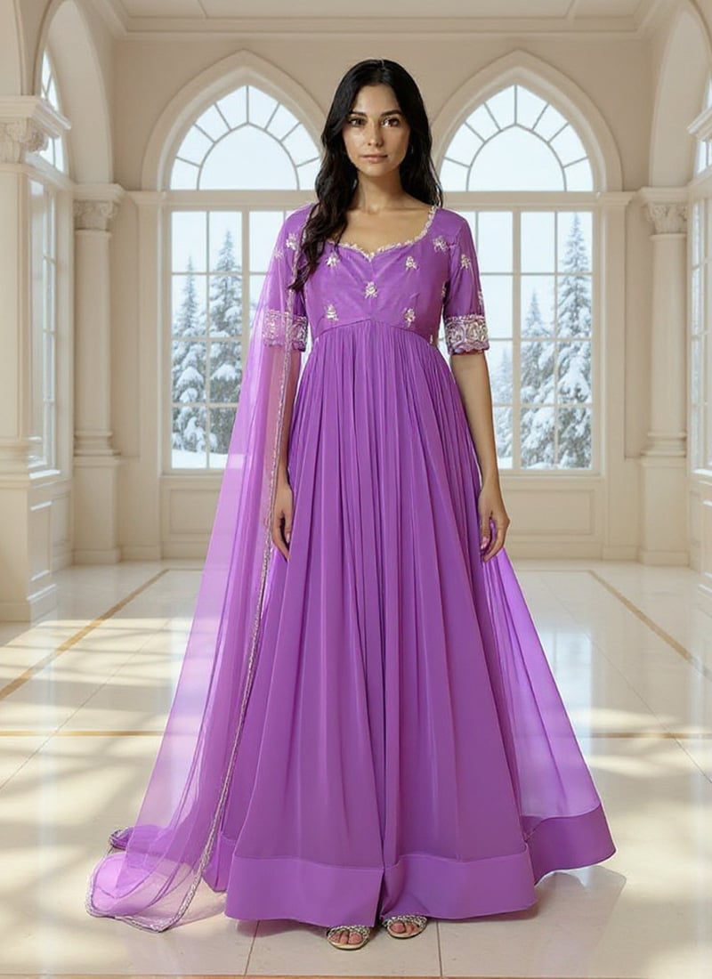 Lavender Georgette Silk Moti Zari Hand Embroidered Anarkali Suit Festive Wear
