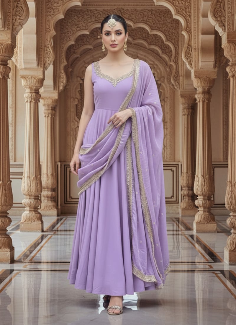 Lavender Georgette Zari And Sequins Hand Embroidered Anarkali Suit Festive Wear