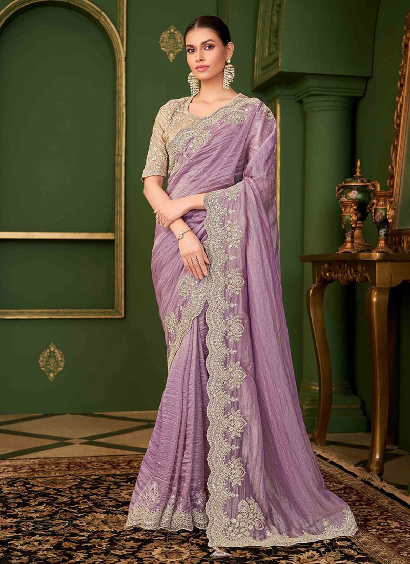 Lavender Georgette Zari Embroidered Sequins Saree Wedding Wear