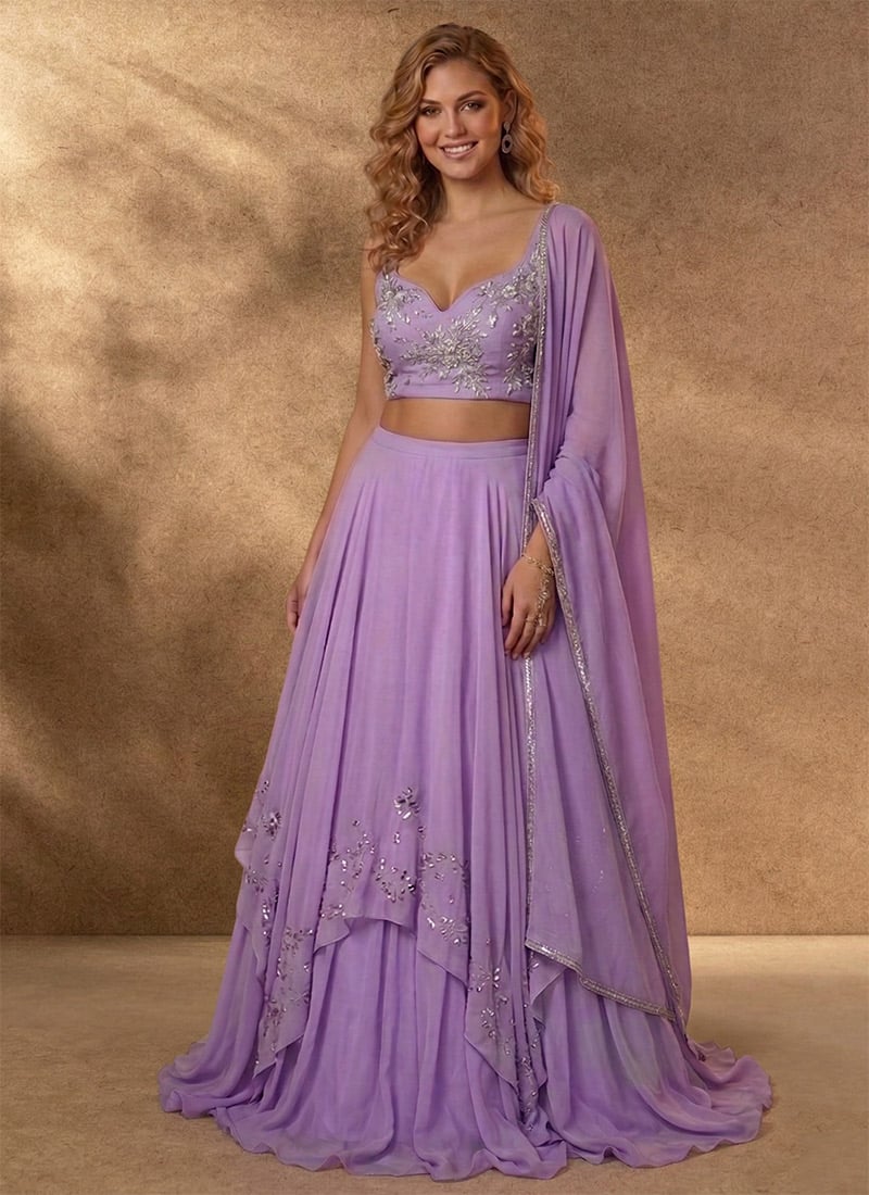 Lavender Georgette Zari Hand Embroidered Sequins Lehenga Wedding Wear