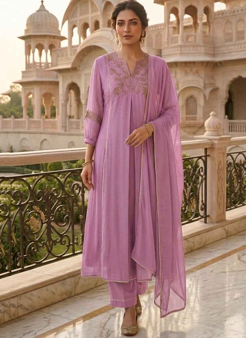 Lavender Georgette Zari Sequins Embroidered Anarkali Suit Festive Wear