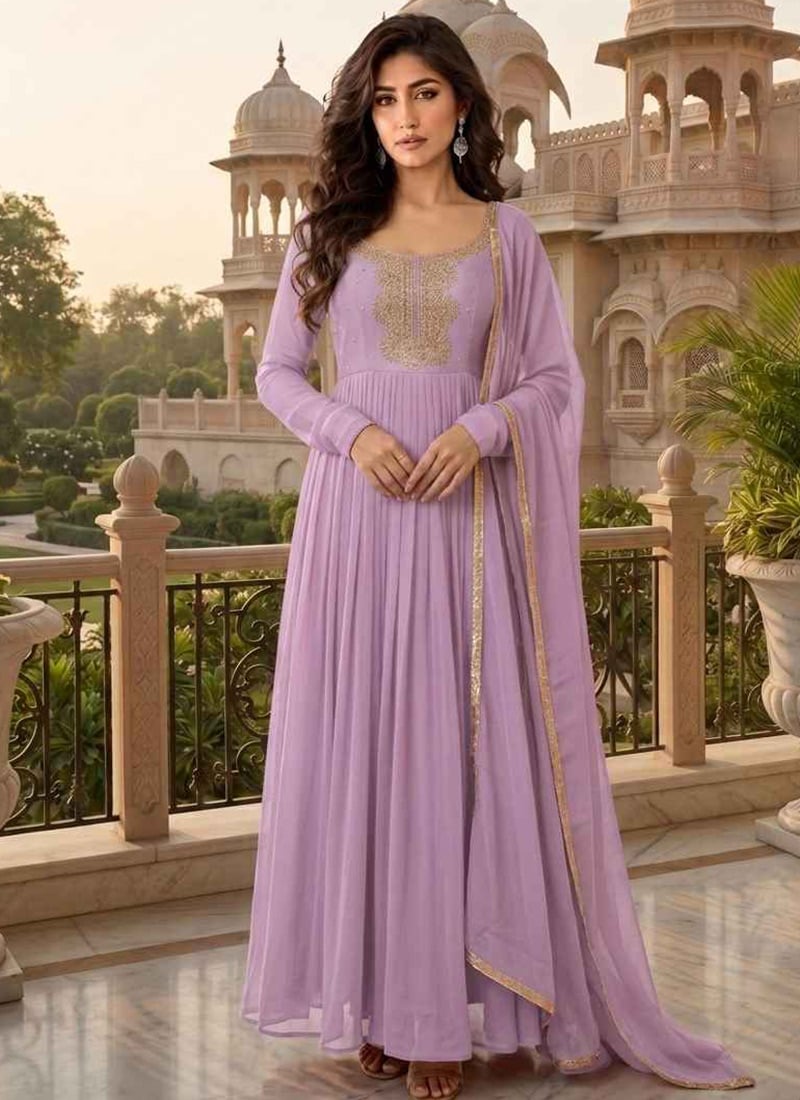Lavender Georgette Zari Sequins Embroidered Beautiful Anarkali Suit Festive Wear