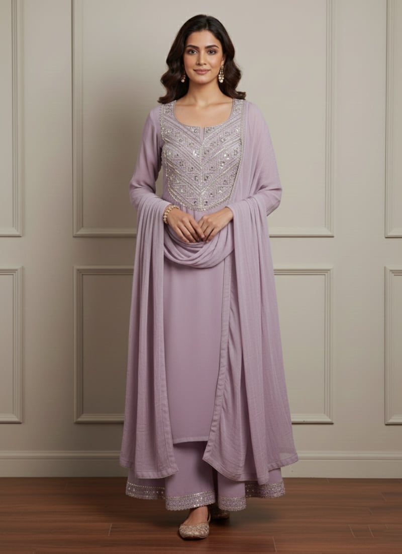 Lavender Georgette Zari Sequins Palazzo Suit Festive Wear