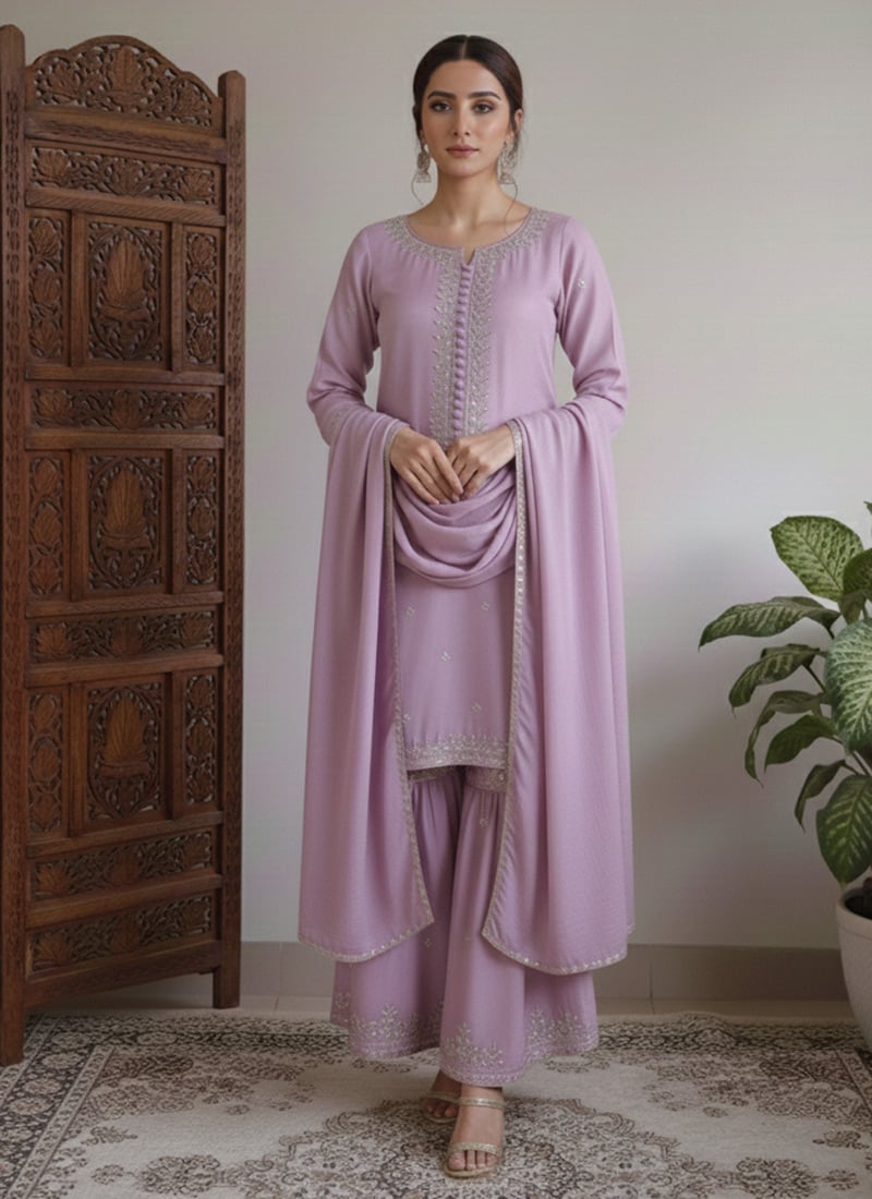Lavender Georgette Zari Sequins Palazzo Suit Festive Wear