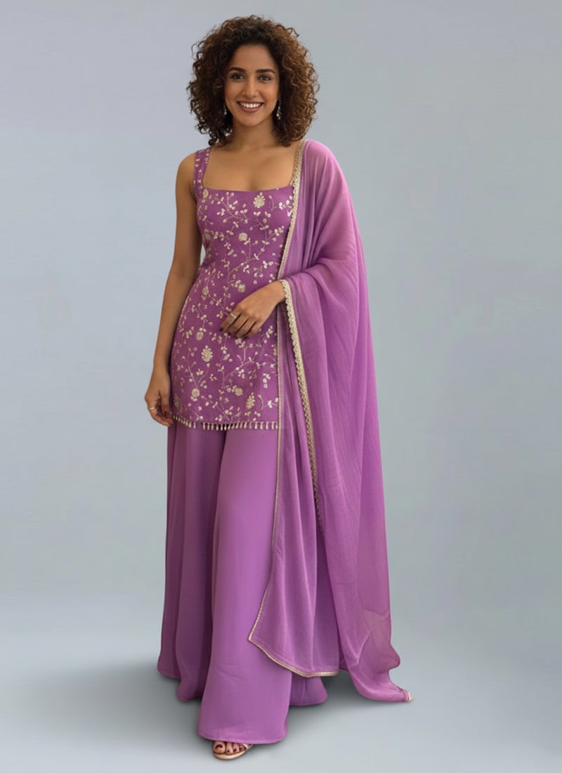 Lavender Georgette Zari Sequins Palazzo Suit Festive Wear