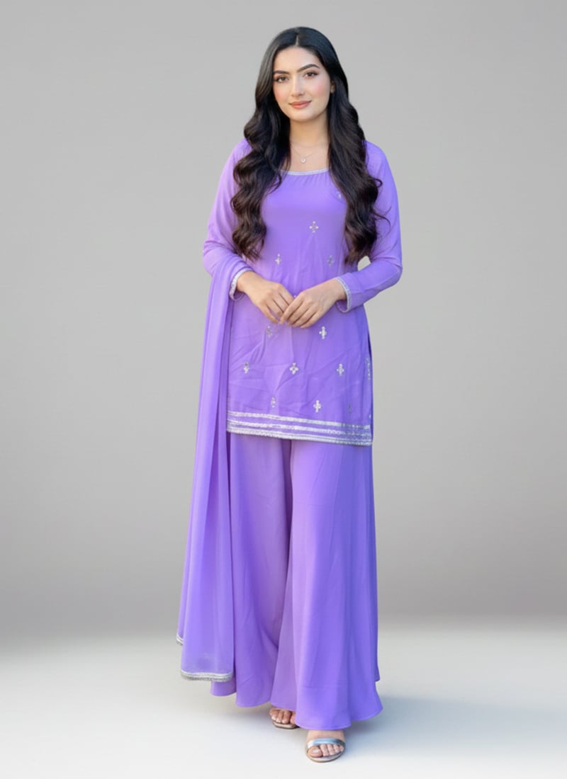 Lavender Georgette Zari Sequins Palazzo Suit Festive Wear