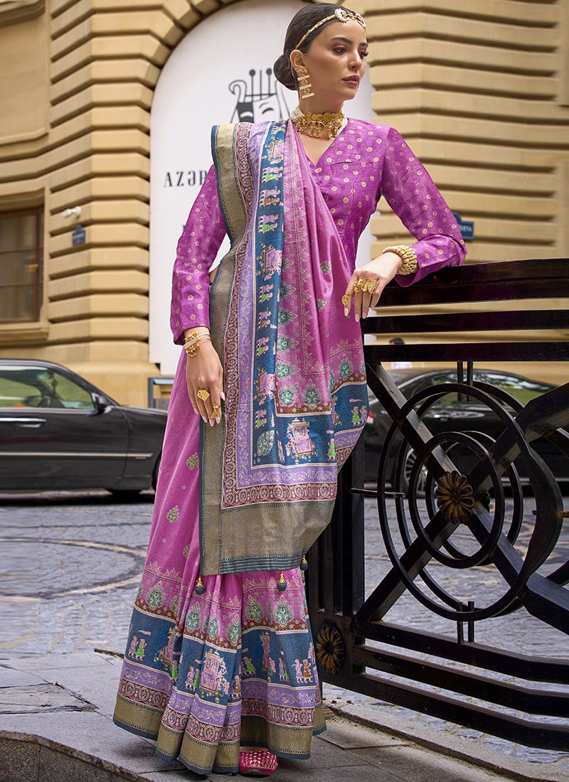Lavender Green Silk Foil Print Saree Festive Wear