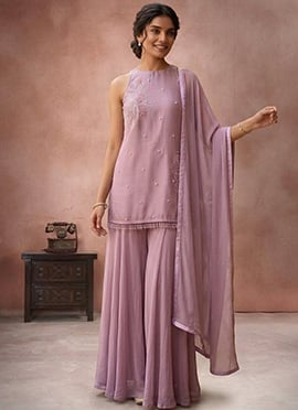 Lavender Hand Embroidered With Beads Work Georgette Palazzo Suit