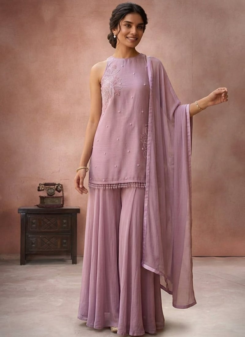 Lavender Hand Embroidered With Beads Work Georgette Palazzo Suit Festive Wear