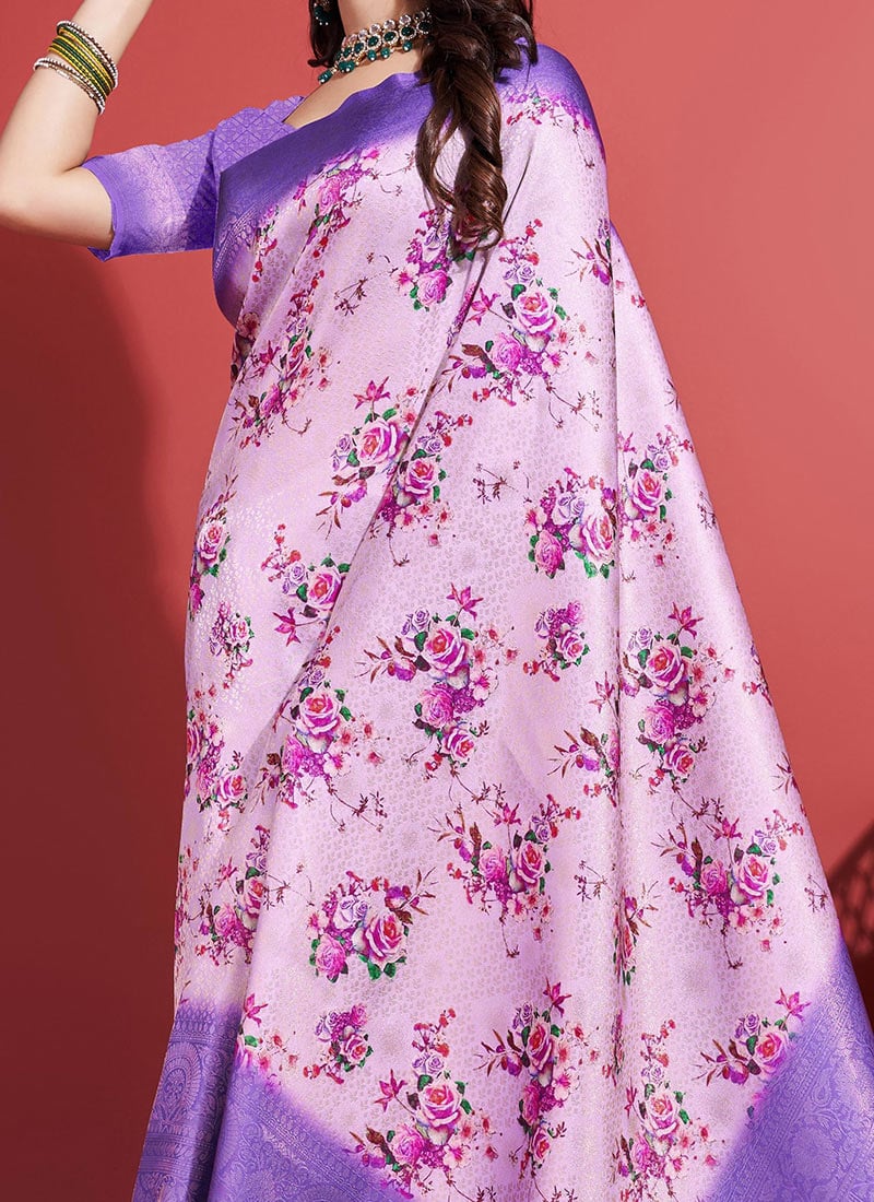 Lavender Abstract Printed Silk Saree With Unstitched Blouse Piece