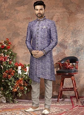Lavender Jacquard Silk Digital Printed Indowestern Sherwani