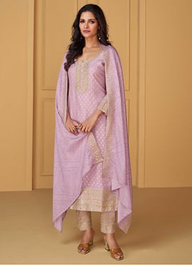 Lavender Jacquard Silk Gota Embroidered Sequins Straight Pant Suit