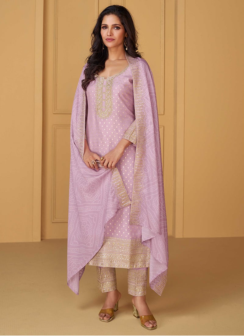 Lavender Jacquard Silk Gota Embroidered Sequins Straight Pant Suit Festive Wear