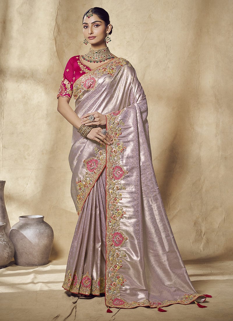 Lavender Jacquard Silk Sequins Zari Embroidered Saree Wedding Wear