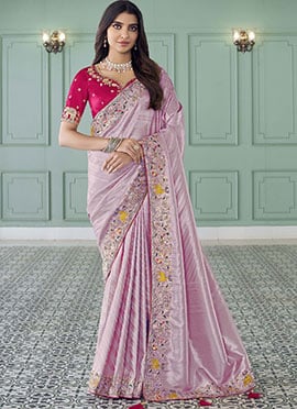 Lavender Jacquard Silk Sequins Zari Stones Thread Coding Embroidered Saree
