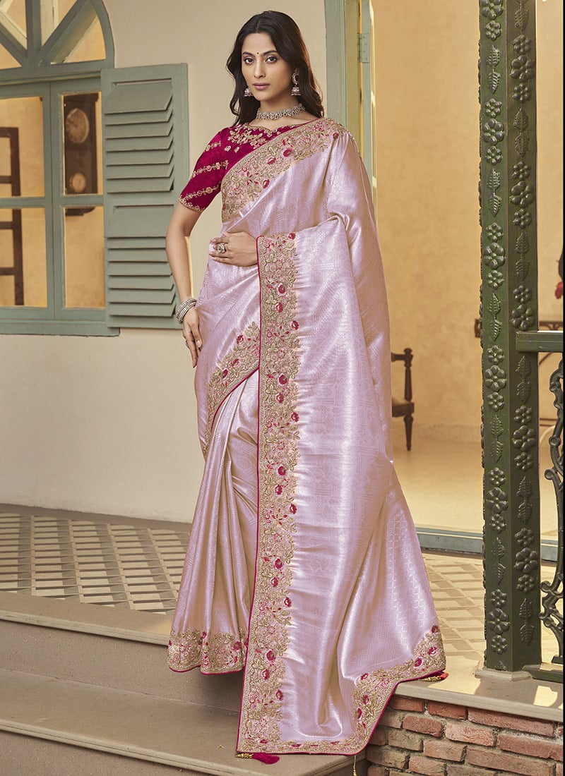 Lavender Jacquard Silk Stones Embroidered Zari Thread Coding Saree Wedding Wear