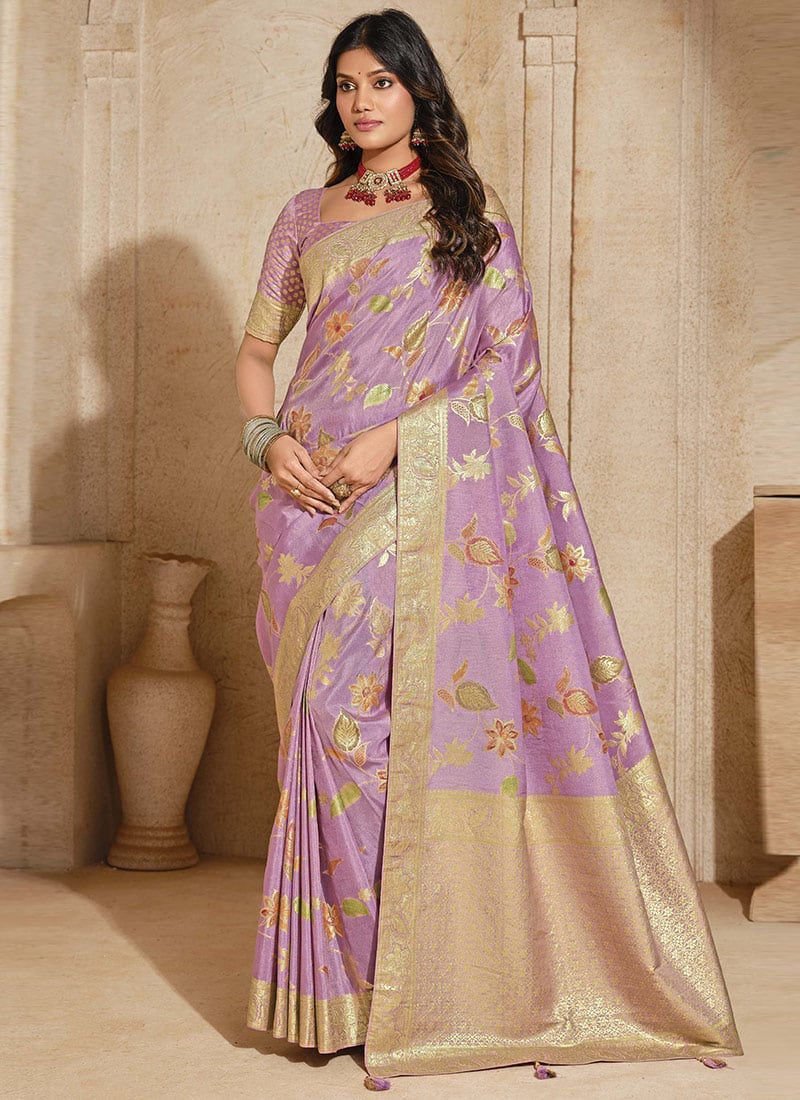 Lavender Jacquard Silk With Zari Woven Saree Festive Wear