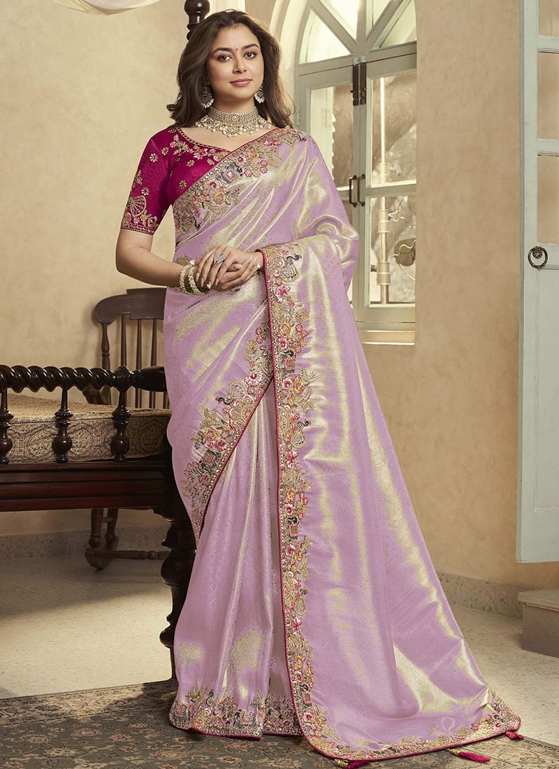 Lavender Jacquard Silk Zari Sequins Embroidered Stones Thread Coding Saree Wedding Wear