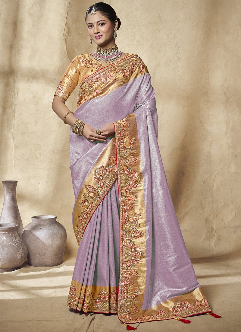 Lavender Jacquard Silk Zari Sequins Stones Embroidered Saree Wedding Wear