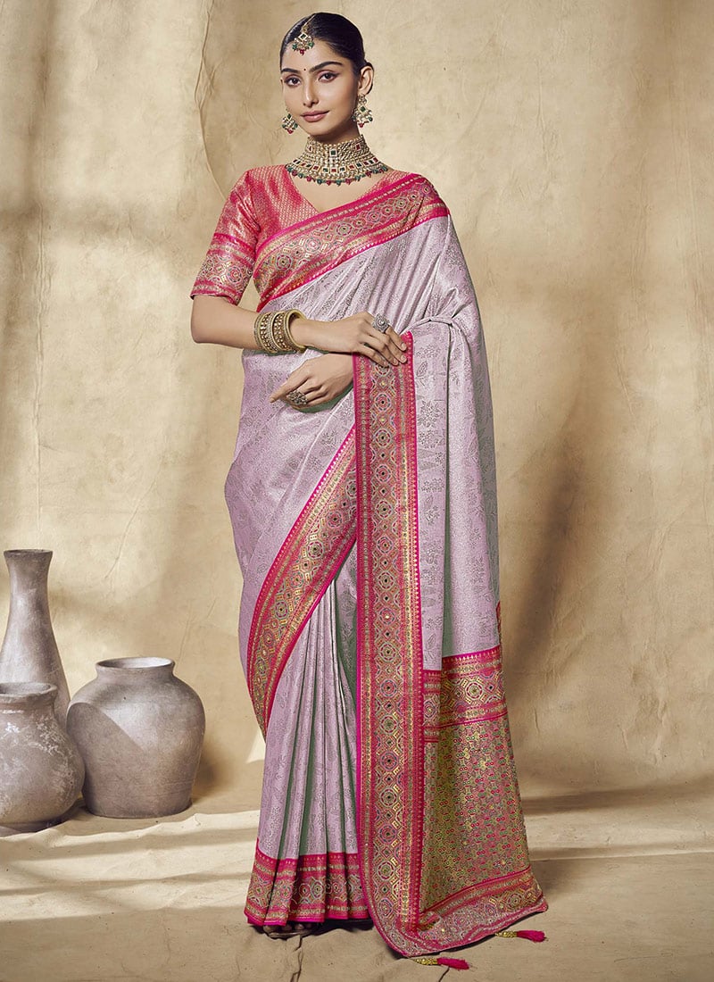 Lavender Jacquard Silk Zarkan Stone Zari Work Saree  Wedding Wear