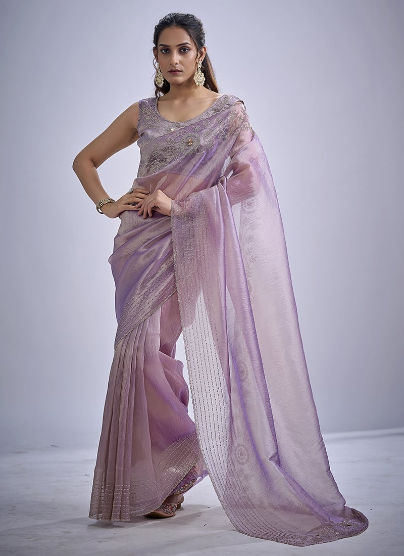 Lavender Kanjivaram Silk Hand Embroidered Sequins With Cutdan And Tikki Work Saree After Six Wear