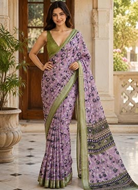 Lavender Linen Floral Print Saree