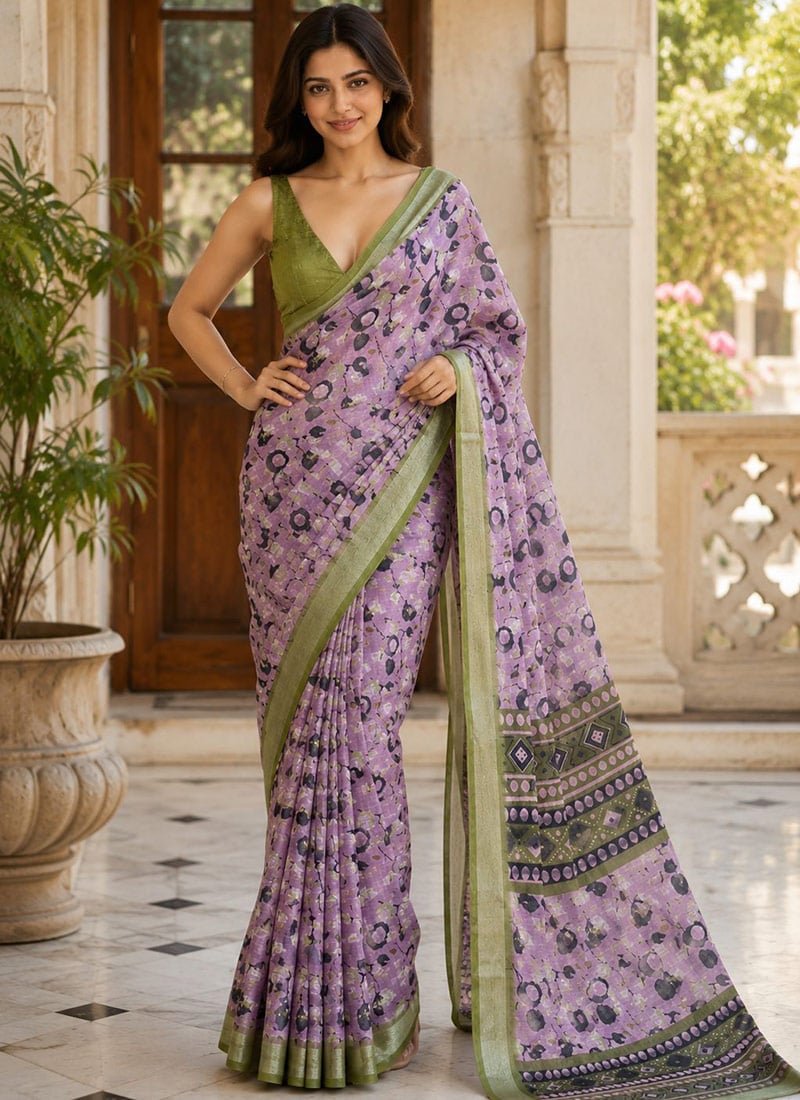 Lavender Linen Floral Print Saree After Six Wear