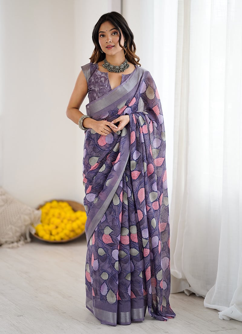 Lavender Linen Printed Saree After Six Wear