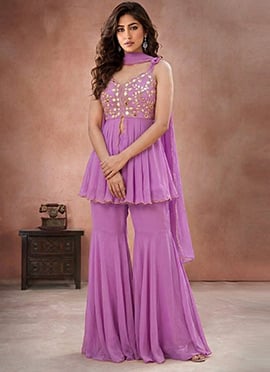 Lavender Mirror Work With Hand Embroidered Georgette Sharara Suit