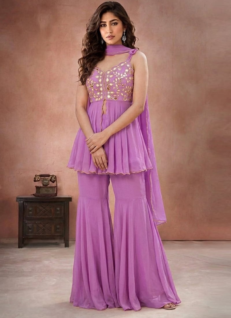Lavender Mirror Work With Hand Embroidered Georgette Sharara Suit Festive Wear