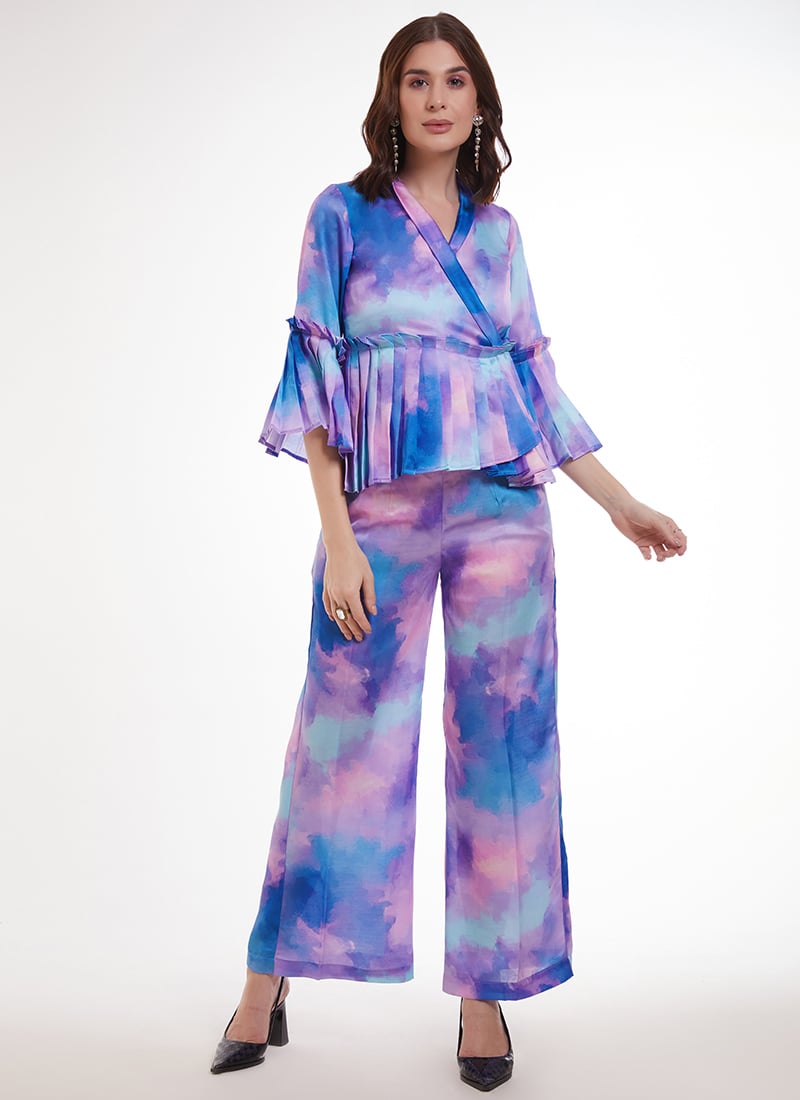 Lavender Modal Satin Digital Print Fashionable Indowestern Sets