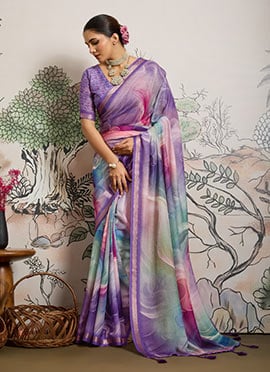 Lavender Moss Polyester Digital Print Zari Saree