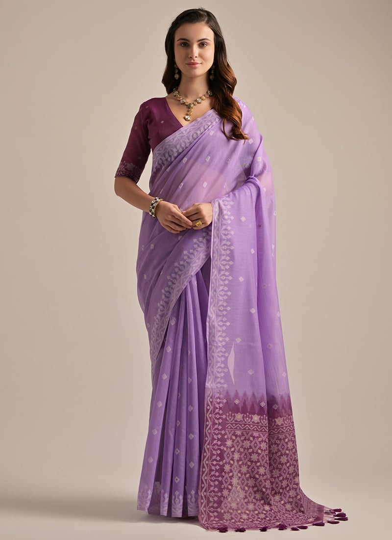 Lavender Muga Cotton Woven Jamdani Saree Festive Wear