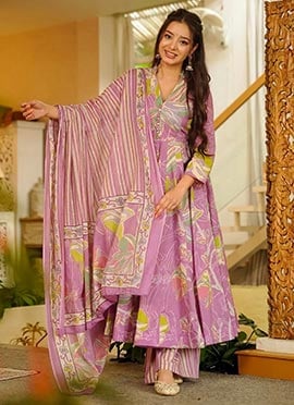 Lavender Muslin Digital Print Anarkali Suit