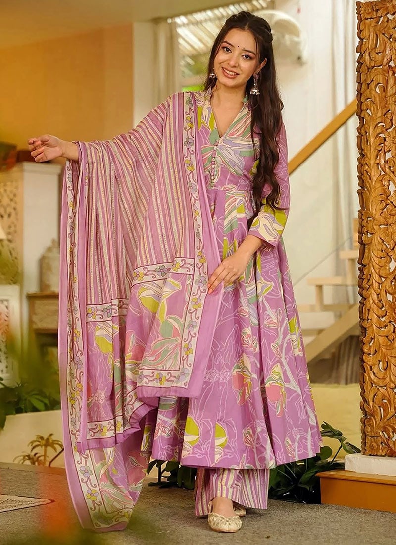 Lavender Muslin Digital Print Anarkali Suit After Six Wear