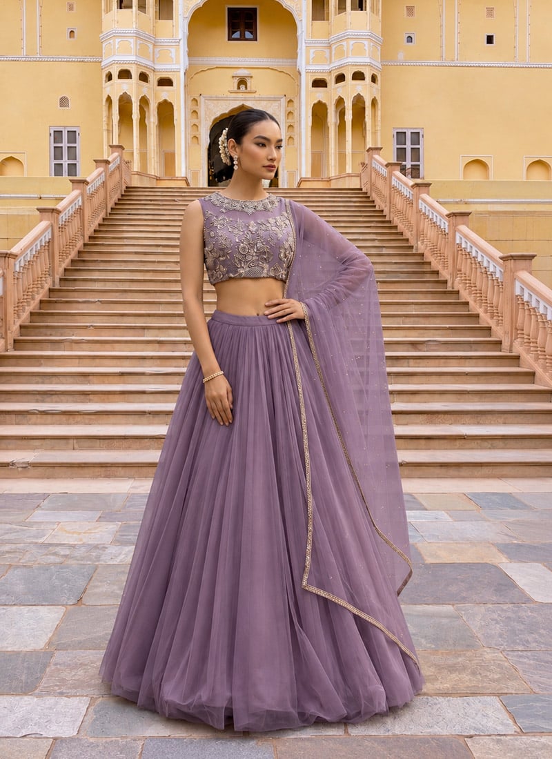 Lavender Net Cutdana Hand Embroidered Sequins Illusion Neck Lehenga Festive Wear